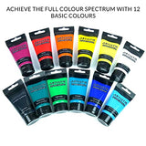 Studio Acrylic Paints - 12 x 75ml Acrylic Paint Tube Set with 3 Brushes - Premium Student Quality Highly-Pigmented Colors Non-Toxic for Canvas, Paper, Wood and More