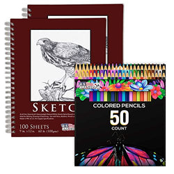 U.S. Art Supply 50 Piece Adult Coloring Book Artist Grade Colored Pencil Set with 2 Packs 9" x 12" Sketch Pads Drawing Paper - Sketching Shading Blending, Fun Kid Activities, Students Adults Beginners