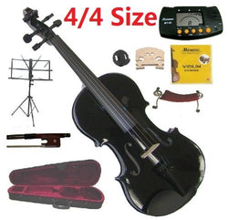 Merano 4/4 Size Full Black Student Violin with Case and Bow+Extra Set of String, Extra Bridge, Shoulder Rest, Rosin, Metro Tuner, Music Stand, Mute