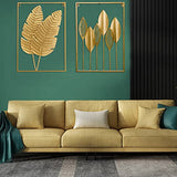 HKaikzo Gold Metal Wall Decor Set of 2, Leaf Wall Hanging Home Decor with Frame, Modern Wall Art Decor Wall Sculptures for Living Room, Bedroom, Office, Hotel, Large 24" X 16"