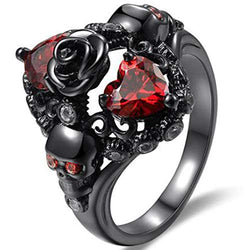 Black Gold Plated Skull Gothic Death Rose Wedding Statement Cocktail Party Biker Ring (Black Red, 7)