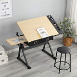 4everwinner Height Adjustable Drafting Desk Drawing Table Tiltable Tabletop with Stool and 2 Storage Drawer for Reading, Folding Draft Table Painting Writing Art Craft Desk Work Station (Wood)