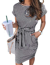 MEROKEETY Women's Summer Striped Short Sleeve T Shirt Dress Casual Tie Waist with Pockets, Black, S