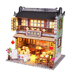 F Fityle 1/24 DIY Miniature Dollhouse Kits Antique Chinese Teahouse with Vintage Furniture Wood Handmade Room Kids Creative Toys