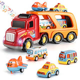 TEMI Carrier Truck Transport Car Play Vehicles Toys - 5 in 1 Friction Power Set w/ Real Siren Sound & Bright Flashing Light, Push and Go Play Vehicles Toys with Mini Cartoon Bus/Taxi/Airplane