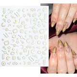 12 Sheets Gold Nail Art Stickers Silver Star Nail Decals 3D Self-Adhesive Nail Foil Flakes Metallic Star Moon Heart Geometry Nail Stickers Design for Women Girls Nail Supplies Manuicure Decoration