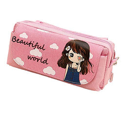YunKo Portable Large Capacity Cute Pink Multi-Layer Cartoon Pencil Case Cosmetic Bag Simple