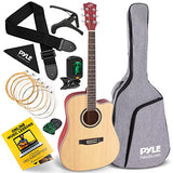 Beginner 41” Cutaway Acoustic Guitar - Standard Full Size 6 String Dreadnought Natural Matte Finish w/ Gig Bag, Tuner, Steel Strings, Picks, Strap, Capo, For Beginners/Adults - Pyle PGA480NT
