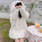 Women Cute Bunny Ear Long Sleeve Fuzzy Fluffy Rabbit Tops Sweatshirt Hoodie Jacket Coats White