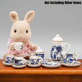 Odoria 1:12 Miniature 15PCS Blue Porcelain Chintz Tea Cup Set with Golden Trim Dollhouse Kitchen Accessories