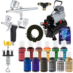 Master Airbrush Cake Decorating Airbrushing System Kit with 12 Color Chefmaster Food Coloring Set - G22 Gravity Feed, G76 Trigger 3 Cup Airbrush, Compressor with Air Tank, Holder, Guide Booklet