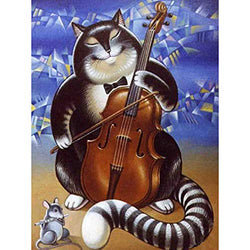 Diamond Painting DIY Crystal Full Cat Playing Cello Round Diamond 5D Diamond Cross Stitch Embroidered Mosaic Decorative 15.7×19.7Inches