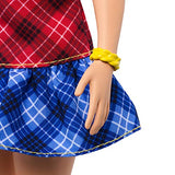 Barbie Fashionistas Doll with Long Brunette Hair Wearing Color-Blocked Plaid Dress and Accessories, for 3 to 8 Year Olds 