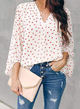 Dokotoo Womens Casual Soft Fashion Summer Autumn Dotted Printed Loose Shirts Balloon Long Sleeve V-Neck Plain Blouses and Tops for Women White Medium