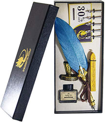 Feather Quill Pen Set Dip Pen with Ink, Novelty Stand (Blue), Wax Candle, & 6pcs Steel Nibs Harry Potter Themed Calligraphy Pen Kit