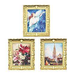 Hiawbon 1:12 Scale Miniature Wall Oil Painting Golden Frame Picture Decor for DIY Dollhouse Gift Bedroom Living Room Decor, Set B