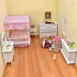 iLAND Dollhouse Furniture of Miniatures Pink Dollhouse Bedroom on 1/12 Scale for Girls, Dollhouse Bed w/ Piano (Sweet Doll Furniture 6pcs)