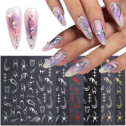 Silver Y2K Nail Art Sticker Self Adhesive Hearts Nail Decals for Nail Art Gold Stripes Lines Stickers for Nail Decoration Cool Girl Fashion Grunge Gothic Manicure Decoration Nail Art Supplies
