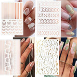 YOSOMK Line Nail Art Stickers 3D Line Nail Decals 12 Sheets Metal Curve Nail Art Supplies Self-Adhesive Gold Stripe Lines Design Sticker for Nail Art DIY Decoration