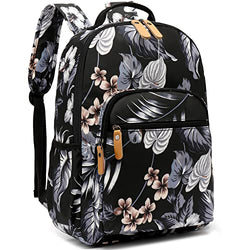 Leaper Water-resistant Floral Laptop Backpack Travel Bag Bookbags Satchel (Leaves-Black)