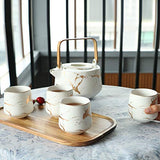Sunddo White Marble Tea Service Set Ceramic Large Tea Pot (40 OZ), 4-Piece Tea Cups (6.7 OZ) with Wooden Tray - Modern Teapot, Tea Cups Set for Home and Office