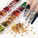 12 Grids 3D Maple Leaf Nail Glitter Sequins Fall Nail Art Stickers Decals Holographic Laser Leaves Designs Gold Yellow Red Orange Fall Glitter Nail Charms for Acrylic Nail Thanksgiving Decorations