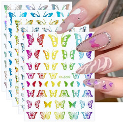 JMEOWIO 12 Sheets Aurora Holographic Butterfly Nail Art Stickers Decals Self-Adhesive Pegatinas Uñas Glitter Colorful Nail Supplies Nail Art Design Decoration Accessories