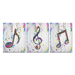 Artsbay 3 Pieces Music Canvas Wall Art Colorful Notes Boho Print on Wooden Backdrop Picture Canvas Print Painting Modern Music Wall Home Decor for Living Room Bedroom Kids Office 12x14 Inches