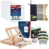 U.S. Art Supply Artist Painting Bundle with Adjustable Wood Table Top Desk Easel, 15 Piece Artist Long Handle Brush Set, 12-Pack of 8 x 10" Canvas Panel Boards and 24 Color Acrylic 12ml Paint Tubes
