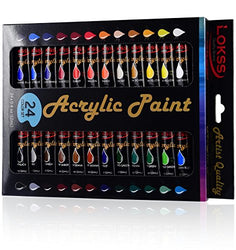 Acrylic Paint Set by Lokss - 24 Colors Professional Craft Kit - 12ML Big Tubes, Artist Grade! Canvas/Paper/Wood/Clay/Ceramic & Fabric Coverage. Best for Adults, Artists & Kids - Non Toxic