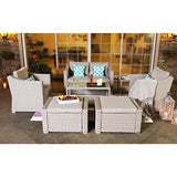 COSIEST 7-Piece Outdoor Patio Furniture Conversation Set All-Weather Wicker Sectional Sofa w Thick Cushions, Coffee Table, Glass-Top Table, 2 Ottomans, 4 Teal Pattern Pillows for Pool, Lawn, Backyard