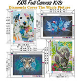 KoKoWill 4 Pack 5D Diamond Painting Kits for Adults,Round Full Drill Resin Beads Diamond Dots by Numbers Art Craft Set,Butterfly Dog Elephant and Tiger,11.81 x 15.75 inch