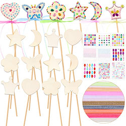 Princess Fairy Wands Kit Include Wooden Fairy Wands, Gem Stickers, Ribbons Unfinished Wooden DIY Magical Wand Crafts Moon Butterfly Magical Wand for Girls Make Your Own Princess Wand(18 Sets)