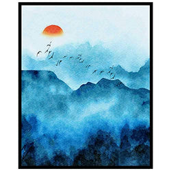 Watercolor Blue Ridge Mountains Landscape Art Print Sun Rise Mountains Silhouette Wall Decor, 8x10 inch - UNFRAMED