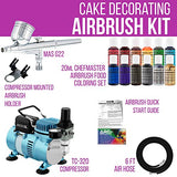 Master Airbrush Cake Decorating Airbrushing System Kit with a Gravity Feed Airbrush, Set of 12 Chefmaster Food Colors, Pro Cool Runner II Dual Fan Air Compressor - Hose, Holder, How To Guide, Cupcakes