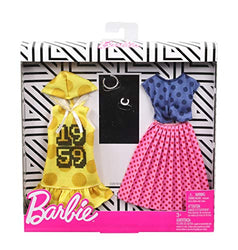 Barbie Clothes: 2 Outfits Doll Feature Polka Dots On A Yellow Hoodie Dress, A Blue Top and Pink Skirt, Plus 2 Accessories, Gift for 3 to 8 Year Olds