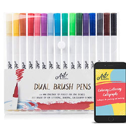 Art Pens - Watercolor Brush Markers 16 Colors for Lettering, Coloring, Bullet Journal, Calligraphy - Colored Pens Set w/Fine Point Dual Tip for Beginners, Adults & Kids. Includes 28-Page eBook