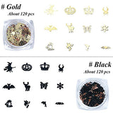 Lookathot 120PCS/Boxes Halloween 3D Nail Art Decals Sequin Pieces Computer Film Mixed Styles Retro Slim Black Gold Studs Rhinestones Manicure DIY Decoration Tools (Gold(120pcs/set))