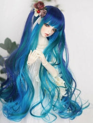 (17.5-19CM) BJD Doll Hair Wig 7-8" 1/4 MSD DZ DOD LUTS Long Wavy Hair / 3 Colors Mixed Dark-Blue + Light-Blue + Green / FA07