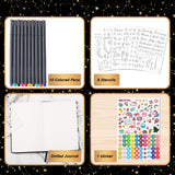 Bullet Dotted Journal Kit - Bullet Dotted Journal Set with Black Faux Leather Notebook, 10 Colored Pens, 6 Reusable Stencils, Sticker Sheet, Stylish Starry Box