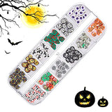 ZIZEO 2 Boxes Halloween Clay Nail Art Slices Sequins,3D Pumpkin Cat Skull Bat Ghost Spider Web Design Glitters,DIY Manicure Stickers Decals Supplies Acrylic Decoration Kit, Count (Pack of 1)