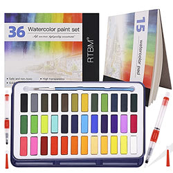 RTBM Watercolor Paint set ,36 Premium Color + 15 sheets watercolor paper + 2 watercolor brsuhs + 1 Detail brush ,travel watercolor set for artist,students,kids,beginner,Painting lovers
