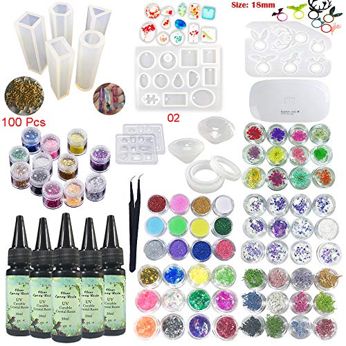 5 Pieces 30ML Crystal Epoxy Resin Glue,72 Decoration with Lamp and Tweezer,13Pcs Transparant Silicone Mold 100 Pieces Rings Metal Accessories For Handcraft Jewelry Earrings Necklace Bracelet