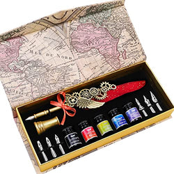 Junhartt Quill Feather Pen and Ink Set - Calligraphy Dip Pen with Ink, 6 Nibs and Pen Holder (Red)