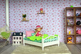 1:12 scale doll bed, dollhouse bedroom furnishing. White bed green mattress pillows blanket