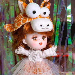YNSW Mini Fashion Doll, Orange Gauze Skirt with Giraffe Hat Decoration Decoration Dolls 1/12 BJD Doll SD Doll Full Set 14Cm 5.5Inch Jointed Dolls with Exquisite Packaging