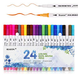 Reaeon Brush Marker Pens Dual Tips, Bullet Journal Fine Point Pen & Calligraphy Markers Set for Adult Coloring Books - 24 Colors Office School and Art Supplies