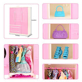 Miunana Lot 36pcs Fashion Doll Closet Wardrobe Doll Clothes and Accessories Set with 1 Pink Wardrobe + 5 Fixed Skirts + 10 Radom Shoes + 10 Hangers + 10 Radom Bags for 11.5 inch Girl Doll