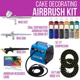 Bakery Airbrush Cake Kit with 3 Airbrushes, Compressor, 2 Air Hoses & 12 Color Chefmaster Food Coloring Set.7 fl Ounce