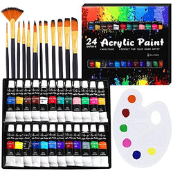 Acrylic Paint Set, YAXJUN Professional Painting Supplies Set Includes 24 Acrylic Paints, 12 Painting Brushes & Paint Palette, Non Fading Paint kits for Artists,Adults,Beginners